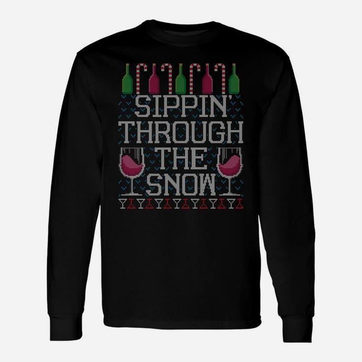 Sippin Through The Snow Red Wine Ugly Christmas Sweater Sweatshirt Unisex Long Sleeve