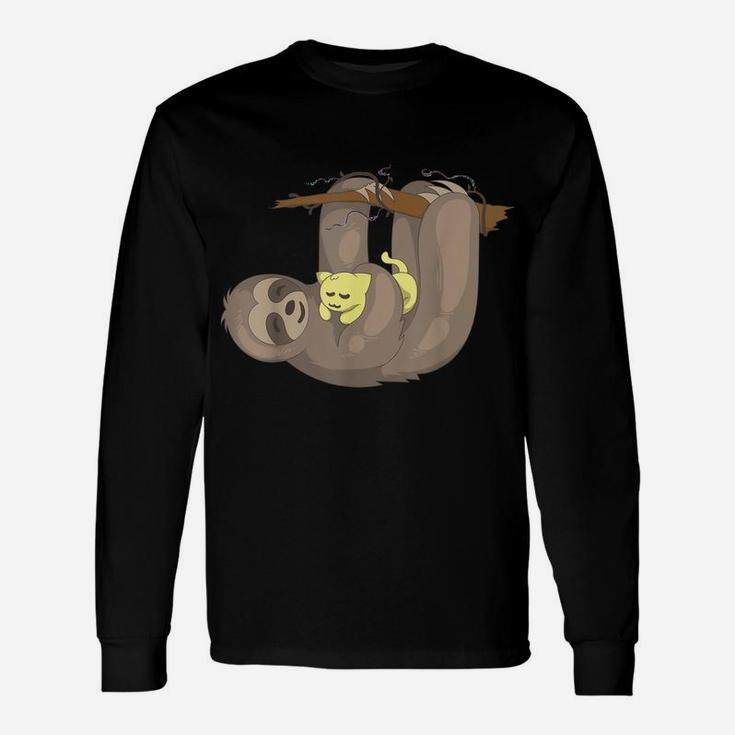 Sloth Hugging Cat | Funny Animal Keeper Lazy Cute Gift Unisex Long Sleeve