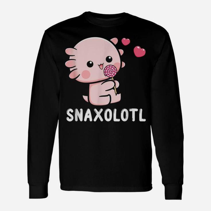 Snaxalotl Funny Axolotl Pun Candy Love Snacks Eating Fish Unisex Long Sleeve