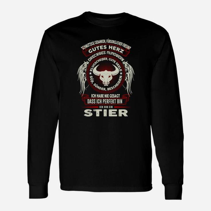 Stier-Motiv Herren Langarmshirts Gutes Herz - Nicht Perfekt, Lustiges Spruch-Langarmshirts