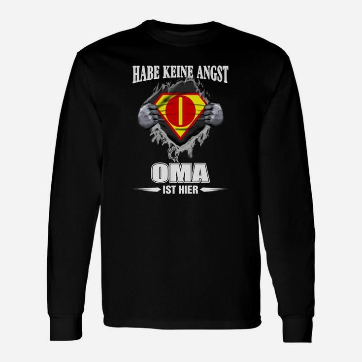 Superhelden Oma Langarmshirts Schwarz, Motiv 'Habe keine Angst, OMA ist hier'