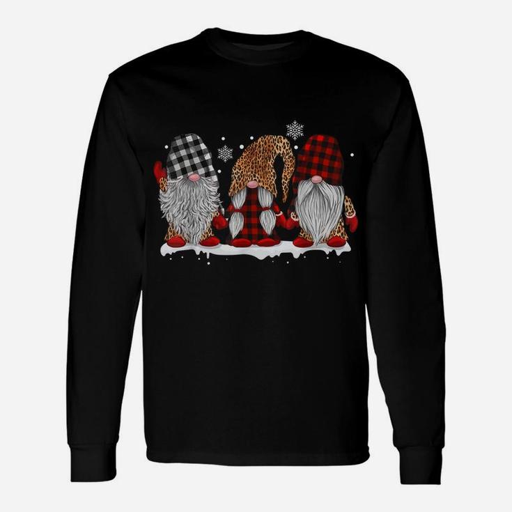 Three Gnomes In Leopard Printed Buffalo Plaid Christmas Gift Sweatshirt Unisex Long Sleeve