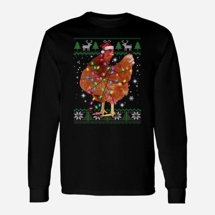 Ugly Christmas Chicken Santa Hat Lights Sweater Xmas Gift Sweatshirt Unisex Long Sleeve