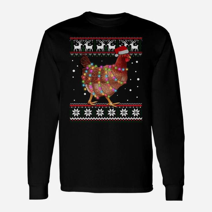 Ugly Christmas Chicken Santa Hat Lights Sweater Xmas Gift Unisex Long Sleeve