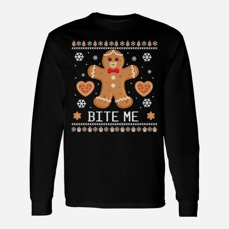 Ugly Christmas Sweater Bite Me Gingerbread Man Sweatshirt Unisex Long Sleeve