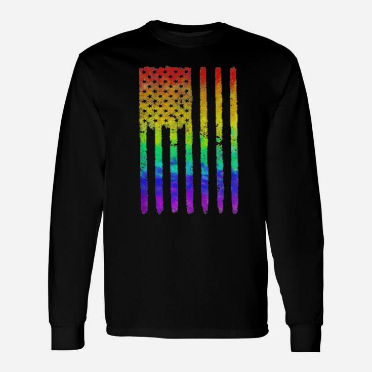 Unique Distressed Rainbow American Flag Gay Pride Patriot Us Long Sleeve T-Shirt