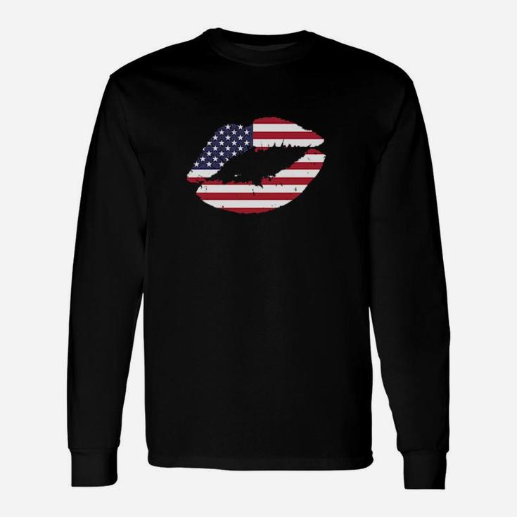 Usa Lips Kiss American Flag United States Pride 4Th Of July Long Sleeve T-Shirt
