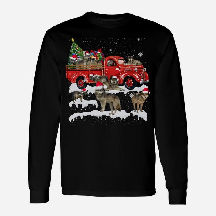 Wolf Riding Red Truck Merry Christmas X-Mas Ugly Gift Unisex Long Sleeve