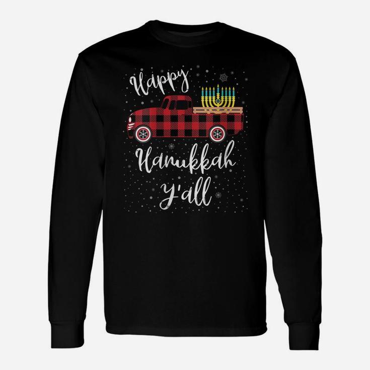 Womens Funny Buffalo Plaid Happy Hanukkah Y'all Red Truck Gift Unisex Long Sleeve
