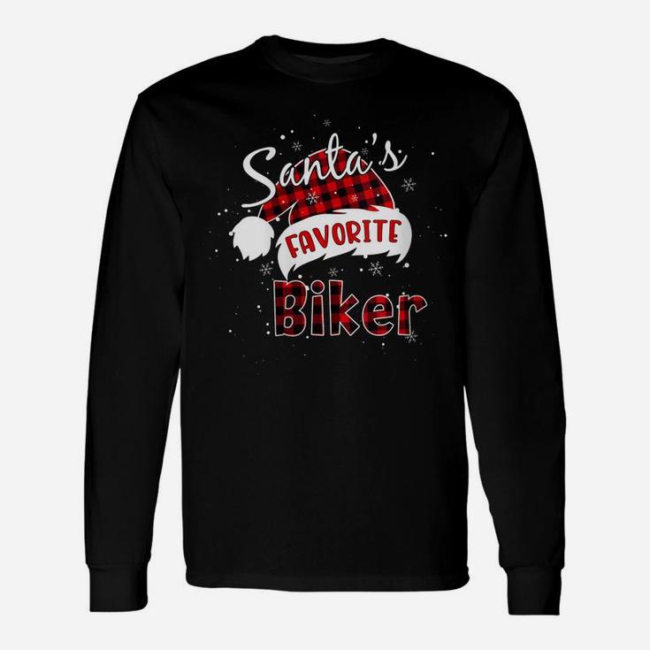 Womens Funny Santa's Favorite Biker Christmas Plaid Buffalo Xmas Unisex Long Sleeve