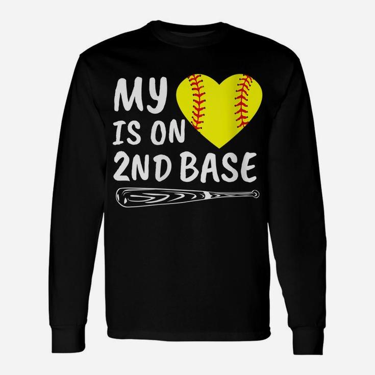Womens My Heart Is On 2Nd Base Softball Bat Proud Mom Dad Gift Unisex Long Sleeve