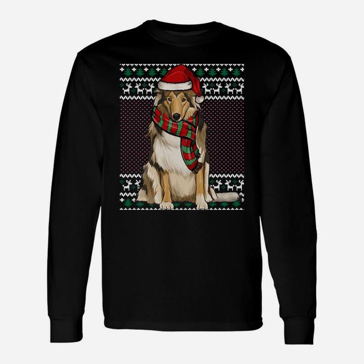 Xmas Collie Dog Santa Hat Ugly Christmas Sweatshirt Unisex Long Sleeve