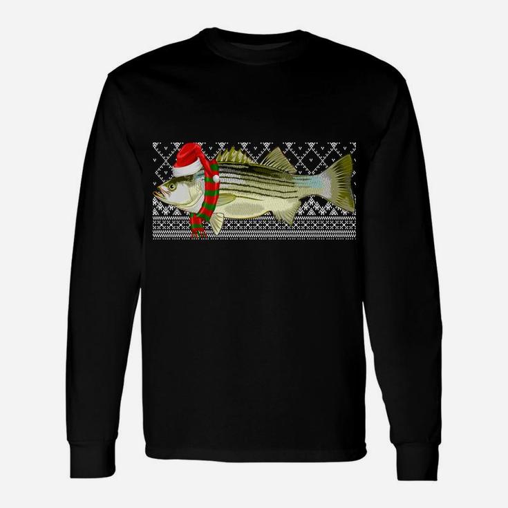 Xmas Fish Santa Hat Striped Bass Ugly Christmas Sweatshirt Unisex Long Sleeve