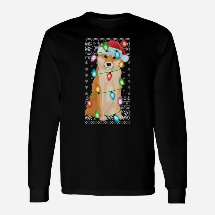 Xmas Lighting Santa Hat Ugly Shiba Inu Christmas Sweatshirt Unisex Long Sleeve