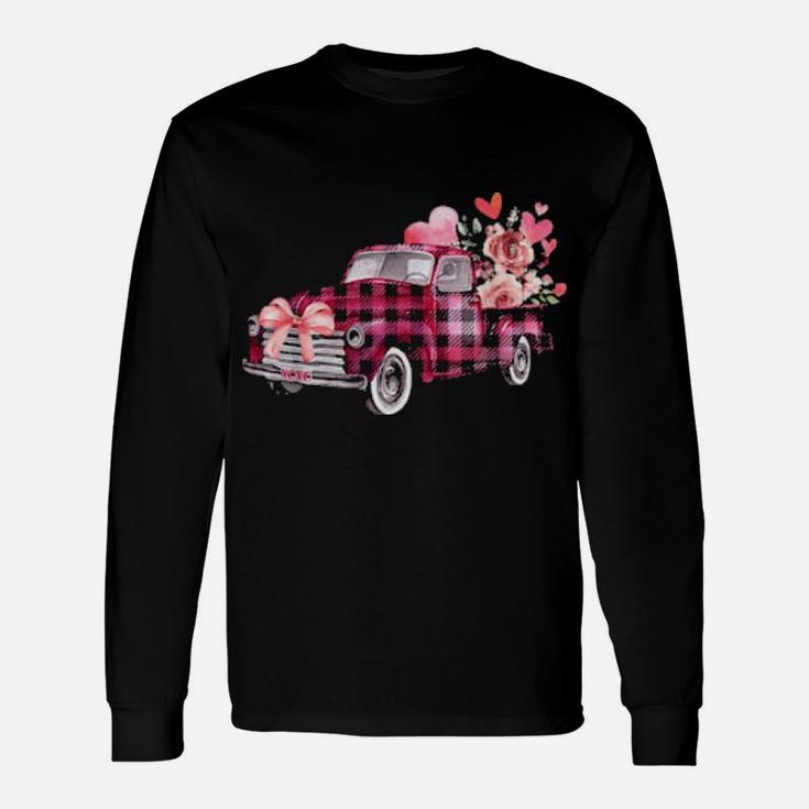 Xoxo Pink Plaid Truck Flowers Valentine's Day Long Sleeve T-Shirt