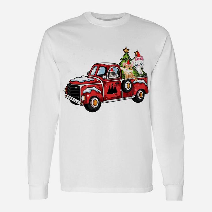 3 Cats Ride Red Truck Pick Up Christmas Tree Vintage Retro Sweatshirt Unisex Long Sleeve