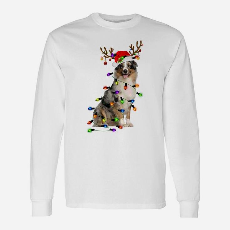 Australian Shepherd Reindeer Christmas Lights Funny Xmas Sweatshirt Unisex Long Sleeve