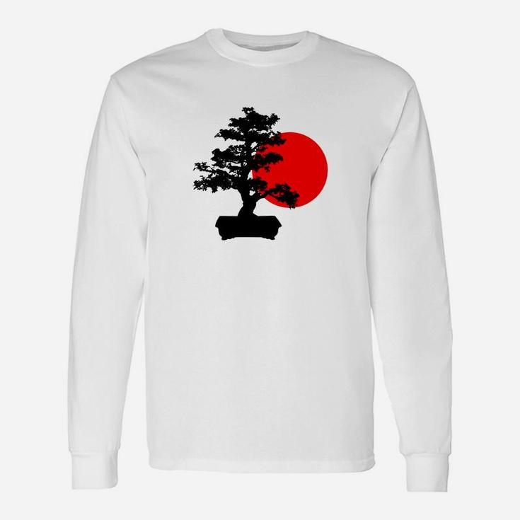 Bonsai-Baum und Sonnenaufgang Design Unisex Langarmshirts, Japanische Kunst Tee