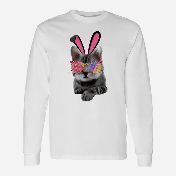Bunny Cat With Glasses Eggs For Easter Day Cat Kitty Lovers Unisex Long Sleeve