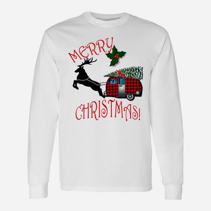 Christmas Gift Plaid Camper & Reindeer Funny Retro Xmas Ugly Sweatshirt Unisex Long Sleeve