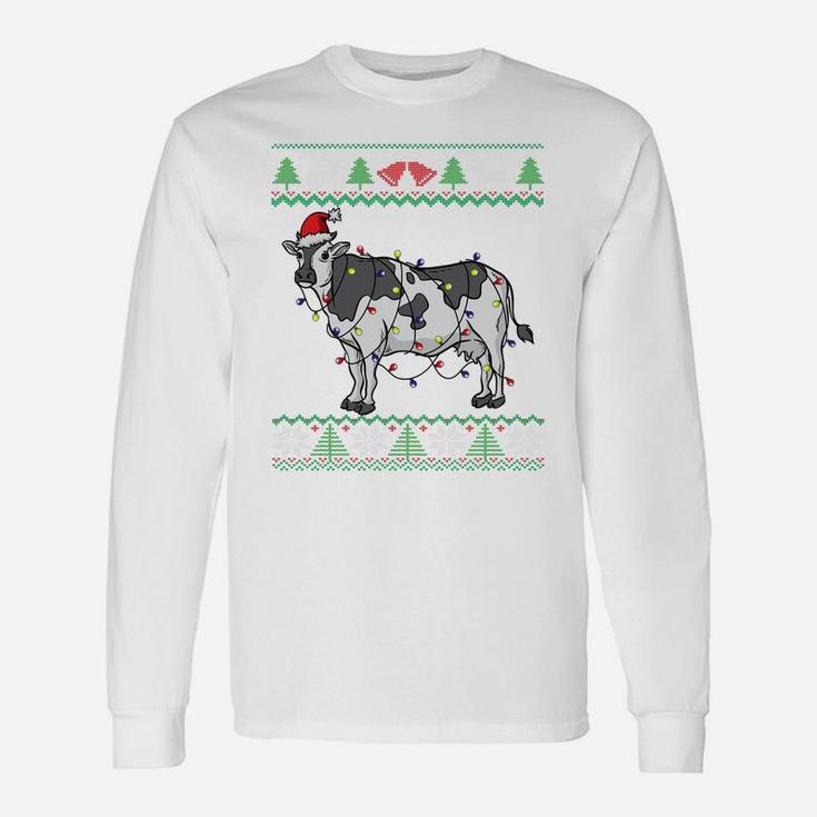 Cow Santa Claus & Lights Funny Dairy Farmer Ugly Christmas Sweatshirt Unisex Long Sleeve