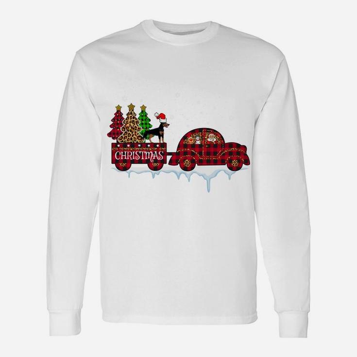 Doberman Dog Christmas Red Plaid Truck Santa Xmas Tree Gift Sweatshirt Unisex Long Sleeve
