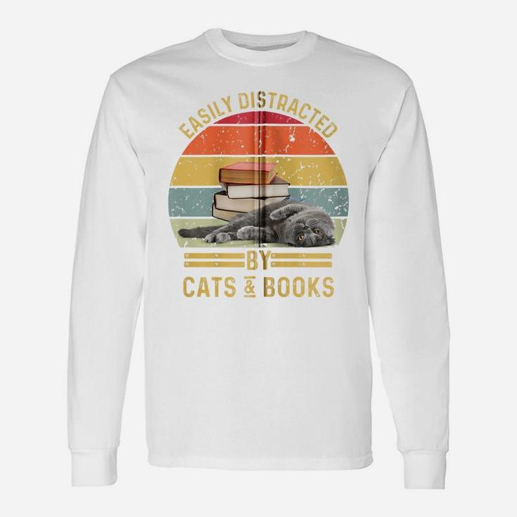 Easily Distracted By Cats And Books Funny Cat And Book Lover Zip Hoodie Unisex Long Sleeve