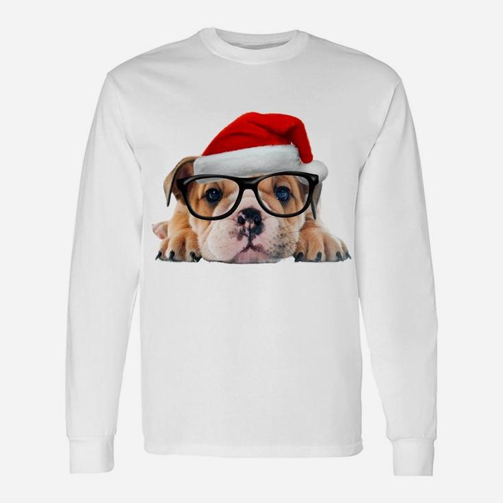 English Bulldog Puppy Glasses Dog Santa Hat Christmas Gift Sweatshirt Unisex Long Sleeve