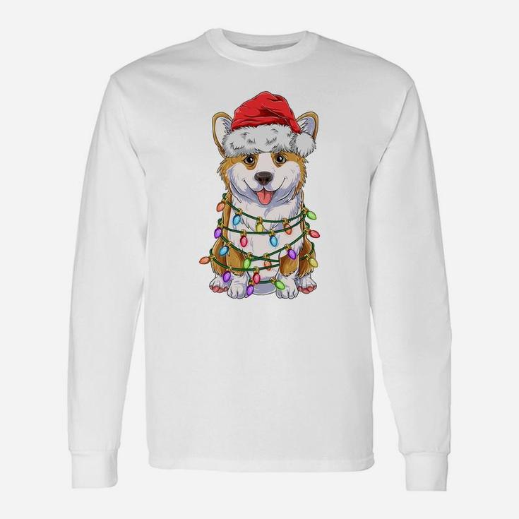 Funny Corgi Christmas Tree Lights Gift Santa Hat Dog Lover Sweatshirt Unisex Long Sleeve