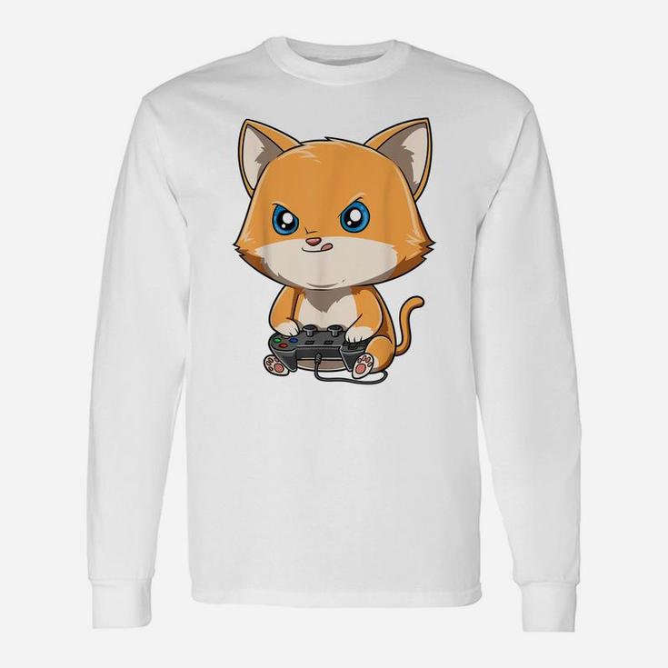 Gaming Cat Gamer Cat Playing Video Games Cat Lovers Unisex Long Sleeve