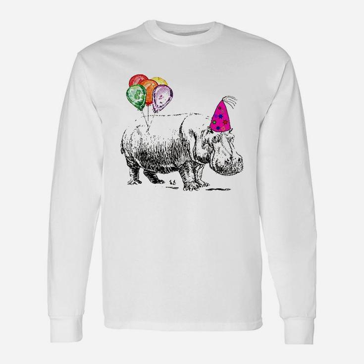 Hippo Wearing A Birthday Hat With Party Balloons Par Unisex Long Sleeve