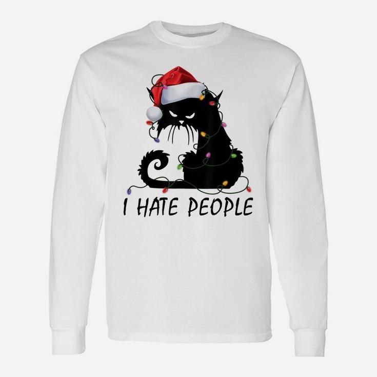I Hate People Black Cat Santa Hat Christmas Light Xmas Gifts Unisex Long Sleeve