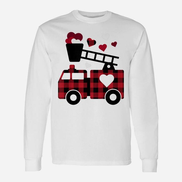Kids Fire Truck Buffalo Plaid Valentines Day Mom Dad Son Unisex Long Sleeve
