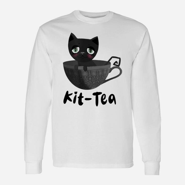Kit-Tea Kitty Lovers Funny Black Cat Dark Grey Teacup Cute Unisex Long Sleeve