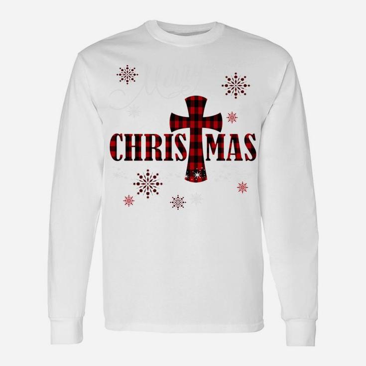 Merry Christmas Cross Buffalo Plaid Christian Holiday Gift Sweatshirt Unisex Long Sleeve