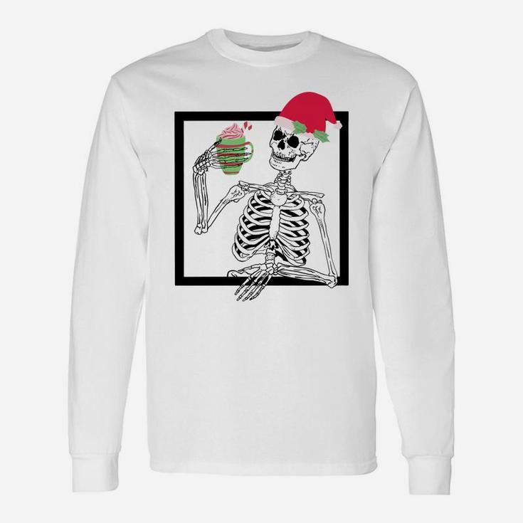 Merry Christmas Funny Santa Hat Christmas Drink Skeleton Sweatshirt Unisex Long Sleeve