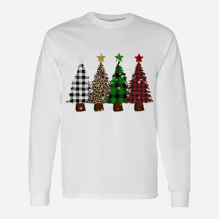 Merry Christmas Trees With Buffalo Plaid And Leopard Design Sweatshirt Unisex Long Sleeve