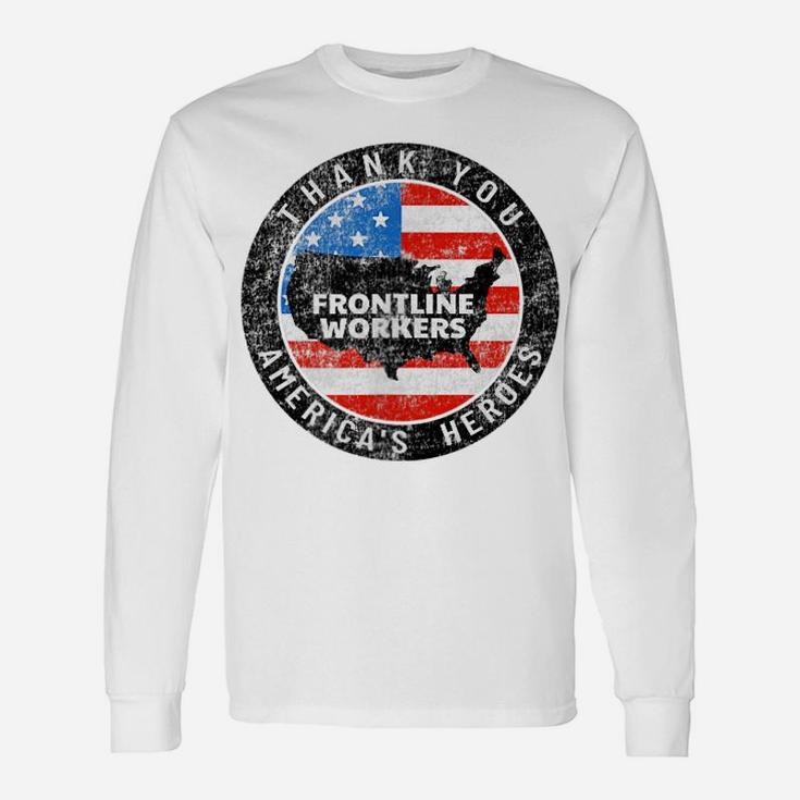 Printed 2 Sides Retro Thank You Frontline Workers Us Flag Unisex Long Sleeve