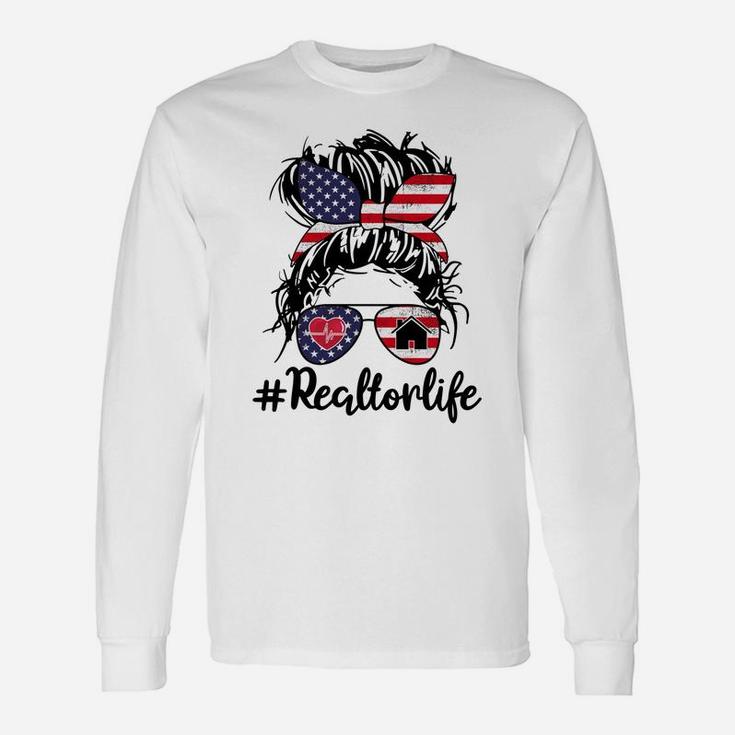 Real Estate Agent Women Messy Bun Hair Usa Flag 4Th Of July Unisex Long Sleeve