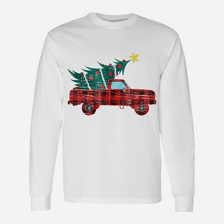 Vintage Red Truck Merry Christmas Tree Red Buffalo Plaid Unisex Long Sleeve