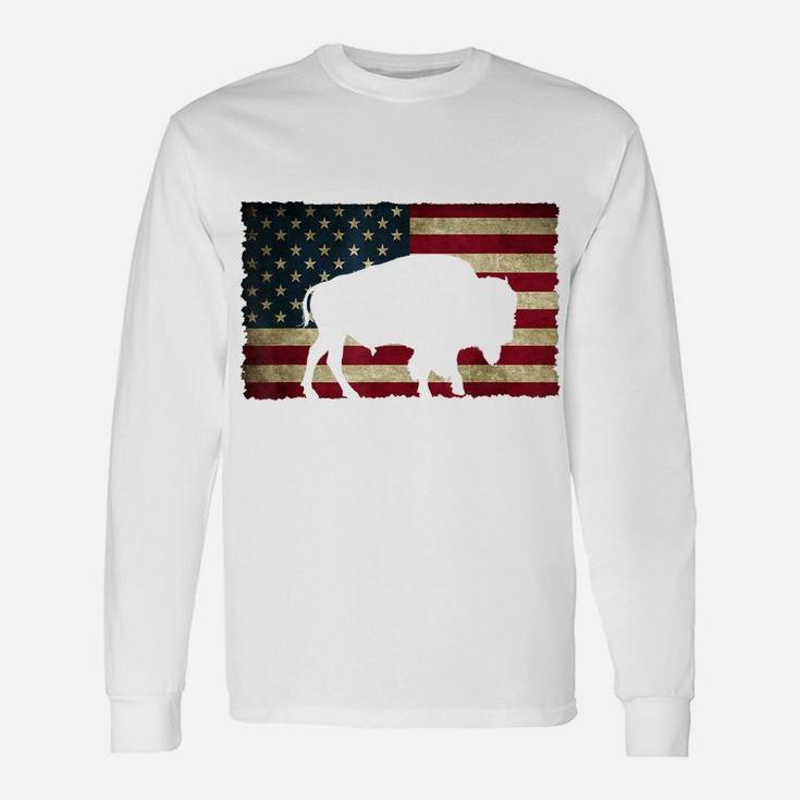 Vintage Retro Buffalo American Flag Usa Shirt Bison Unisex Long Sleeve