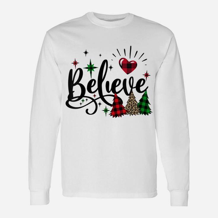 Womens Believe Heart Peace Love Christmas Buffalo Plaid Xmas Tree Unisex Long Sleeve