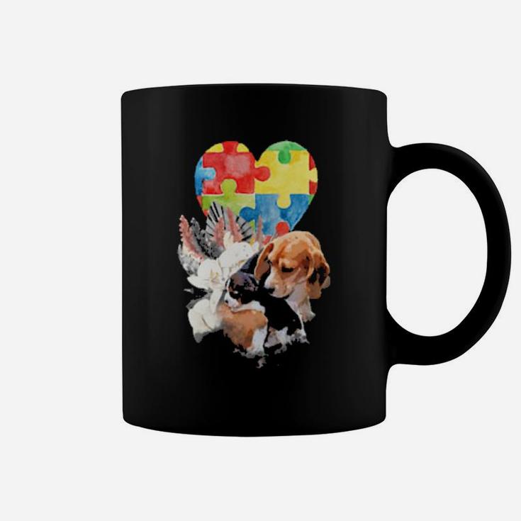 Autism Awareness Mommy Dog With Baby Puppy Puzzle Heart Love Coffee Mug