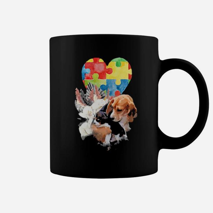 Autism Awareness Mommy Dog With Baby Puppy Puzzle Heart Love Coffee Mug