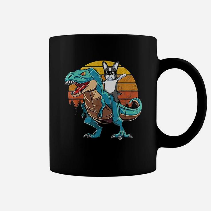 Boston Terrier Dog Riding Dinosaur T Rex Boys Coffee Mug