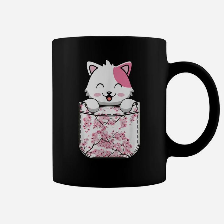 Cat Anime Kawaii Neko Cherry Blossom Sakura Flower Pocket Coffee Mug