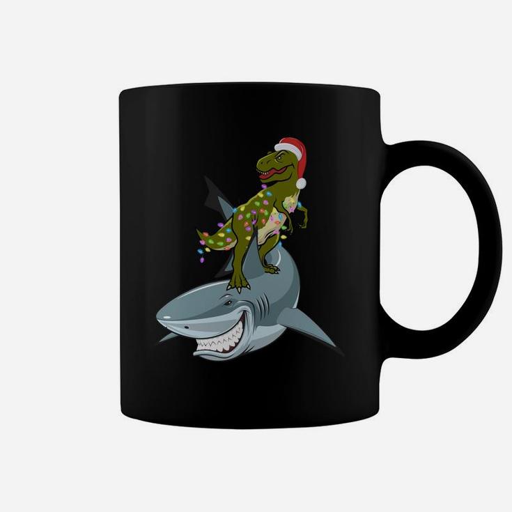 Christmas T-Rex With Xmas Lights Rinding A Shark Gift Funny Sweatshirt Coffee Mug