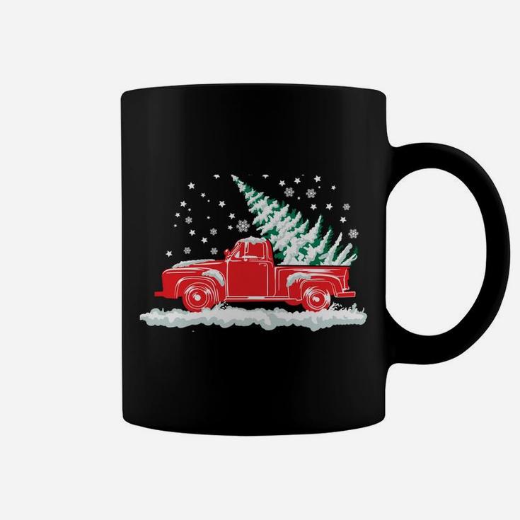 Christmas Tree In Back Of Old Red Pick Up Truck Snowing Coffee Mug