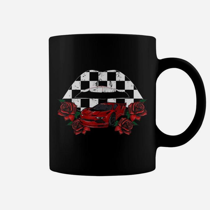 Cool Checkered Lips Kiss Red Rose Flower Car Racing Party Coffee Mug