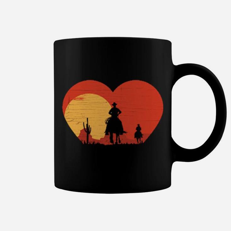 Distressed Heart Shape Cowboy Riding Horse Sunset Mountains Coffee Mug